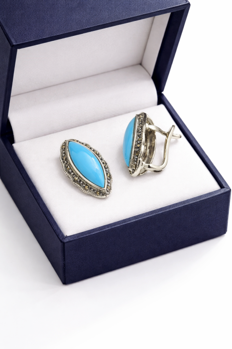 Cercei din Argint 925 cu Marcasite și Piatră Albastră – Design Vintage Elegant, 2.5 cm [2]