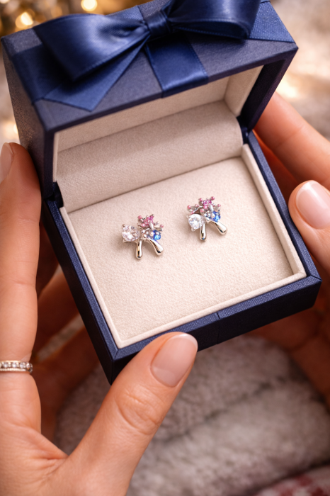 Cercei din Argint 925 cu Zirconia Multicoloră – Design Floral Elegant, 1.5 x 1 cm [2]