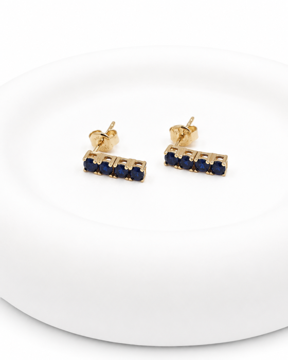 Cercei din Aur Galben 14K cu Zirconii Albastre – Model Bară, Închidere cu Șurub, 1,3 cm [3]
