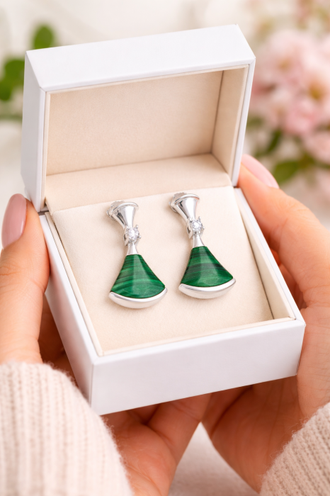 Cercei din argint 925 cu malachit și zirconii [4]