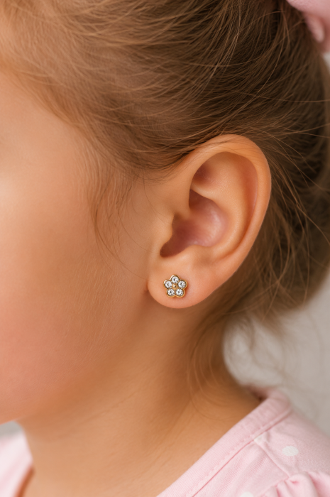 Cercei copii „Floare Strălucitoare 5 pietre” din Aur 14K – 6 mm, cu Șurub și Protecție [4]