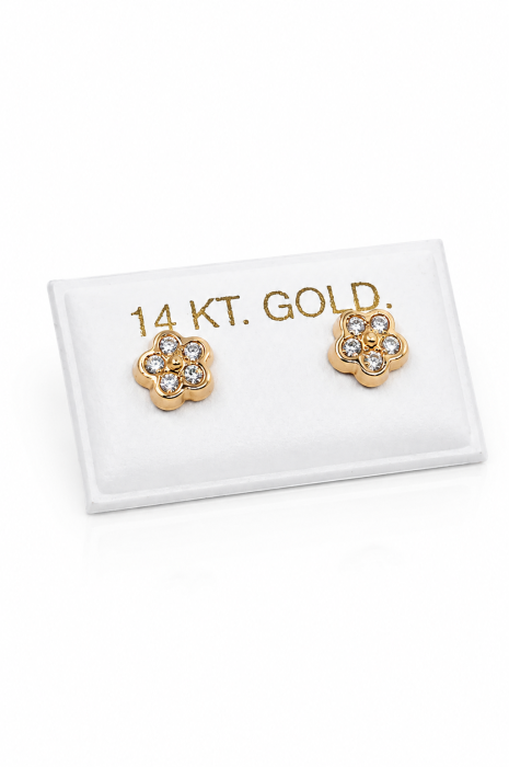 Cercei copii „Floare Strălucitoare 5 pietre” din Aur 14K – 6 mm, cu Șurub și Protecție [3]