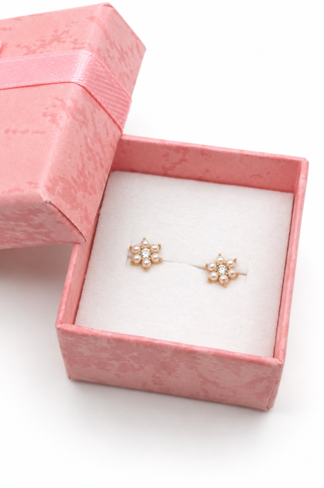 Cercei copii „Floarea Perlată” din Aur 14K – 6 mm, cu Șurub și Protecție [3]