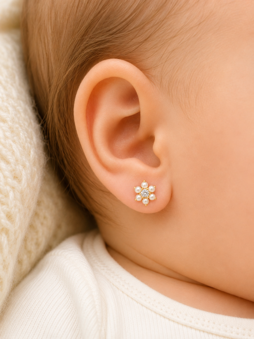 Cercei copii „Floarea Perlată” din Aur 14K – 6 mm, cu Șurub și Protecție [5]