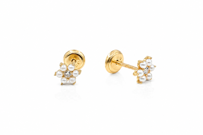 Cercei copii „Floarea Perlată” din Aur 14K – 6 mm, cu Șurub și Protecție [2]