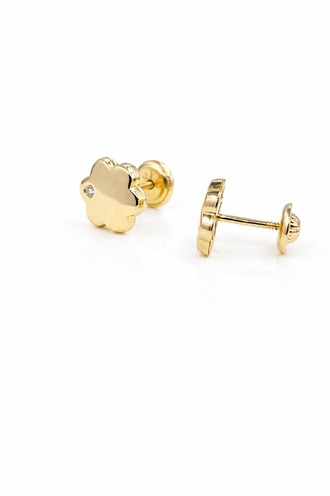 Cercei copii „Floarea Strălucitoare” din Aur 14K – 8 mm, cu Șurub și Protecție [5]