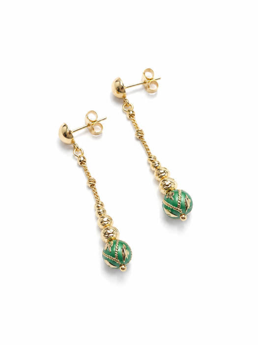 Cercei Lungi din Aur 14K cu Sfere Decorative Verzi [3]
