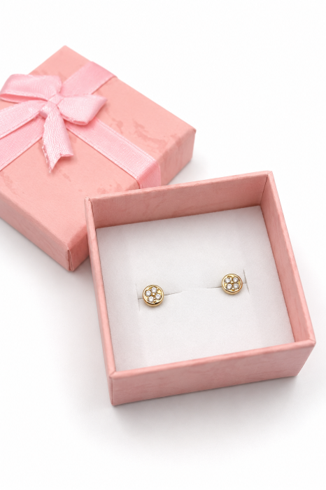 Cercei copii Rotunzi „4 Pietre Strălucitoare” din Aur 14K – 5 mm, cu Șurub și Protecție [2]