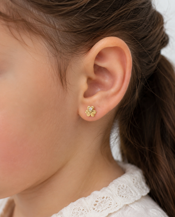 Cercei copii „Trifoiul Norocos” din Aur 14K – 6,5 mm, cu Șurub și Protecție [2]