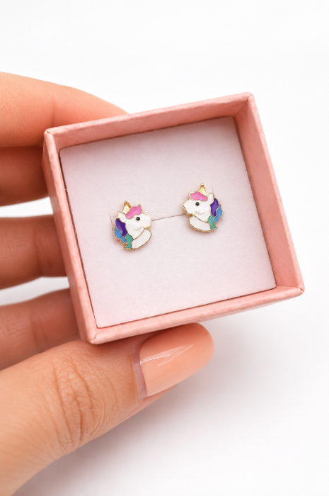 Cercei copii „Unicornul Magic” din Aur 14K – 9 x 7 mm, cu Șurub și Protecție [5]