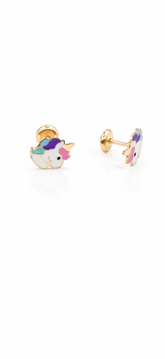 Cercei copii „Unicornul Magic” din Aur 14K – 9 x 7 mm, cu Șurub și Protecție [2]