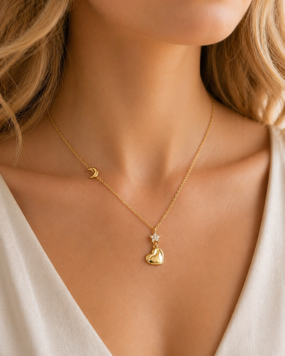 Colier din aur 14K cu inimă, stea și lună – design delicat cu zirconiu ✨ [2]