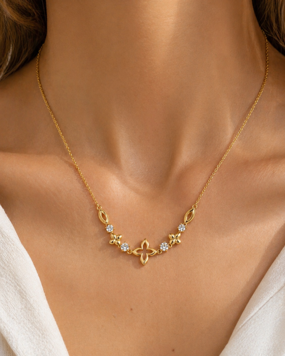 Colier din aur 14K cu motive florale și zirconii strălucitoare ✨ [2]