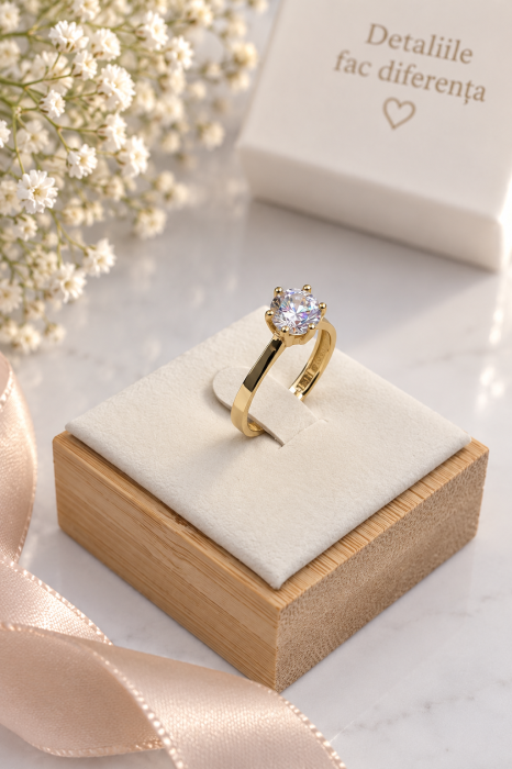 Inel de Logodnă din Aur Galben 14K cu Piatră Strălucitoare, Montură cu 6 Piciorușe – Model Elegant [3]