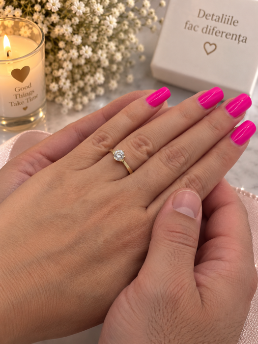 Inel de Logodnă din Aur Galben 14K cu Piatră Strălucitoare, Montură cu 6 Piciorușe – Model Elegant [2]