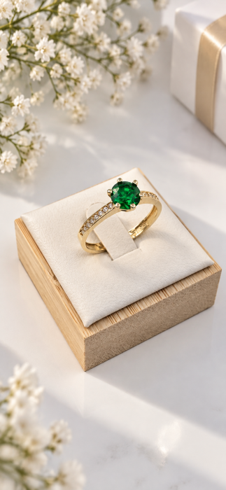 Inel de Logodnă din Aur Galben 14K cu Piatră Verde [2]