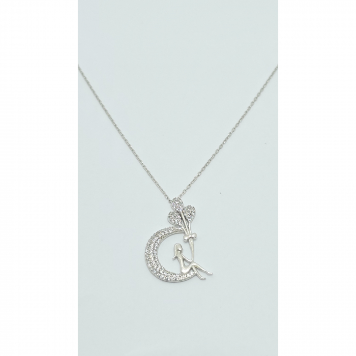Lanț din Argint 925 cu Lună și Fetiță cu Baloane, Cristale Zirconia – 2.96 g, 40-46 cm [4]