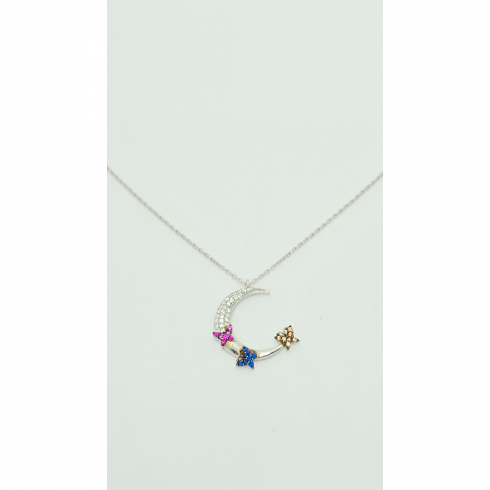 Lanț cu Semilună și Fluturași Colorati din Argint 925 cu Cristale Zirconia – 2.53 g, 42-45 cm [5]
