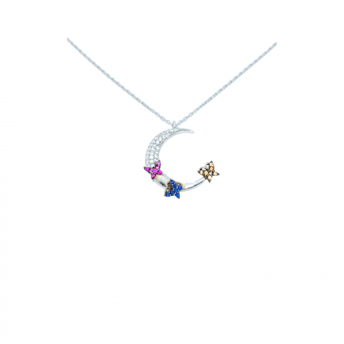 Lanț cu Semilună și Fluturași Colorati din Argint 925 cu Cristale Zirconia – 2.53 g, 42-45 cm [1]