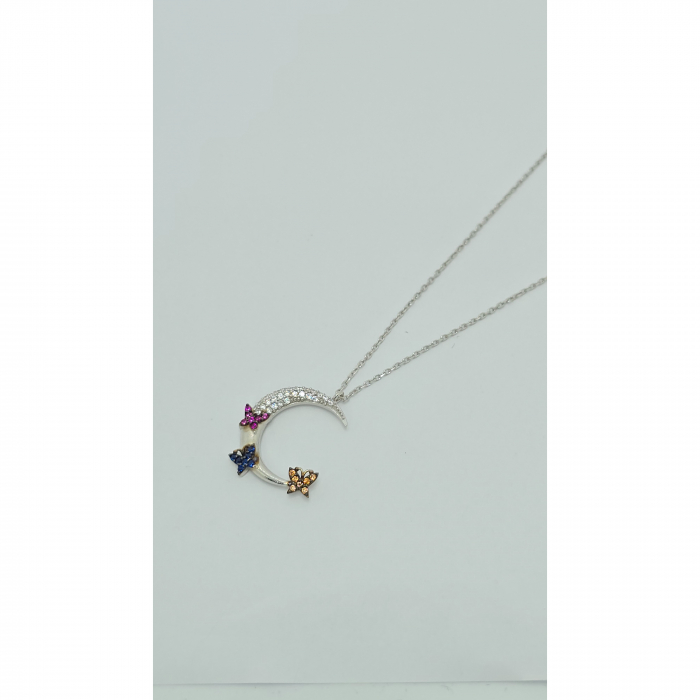 Lanț cu Semilună și Fluturași Colorati din Argint 925 cu Cristale Zirconia – 2.53 g, 42-45 cm [4]