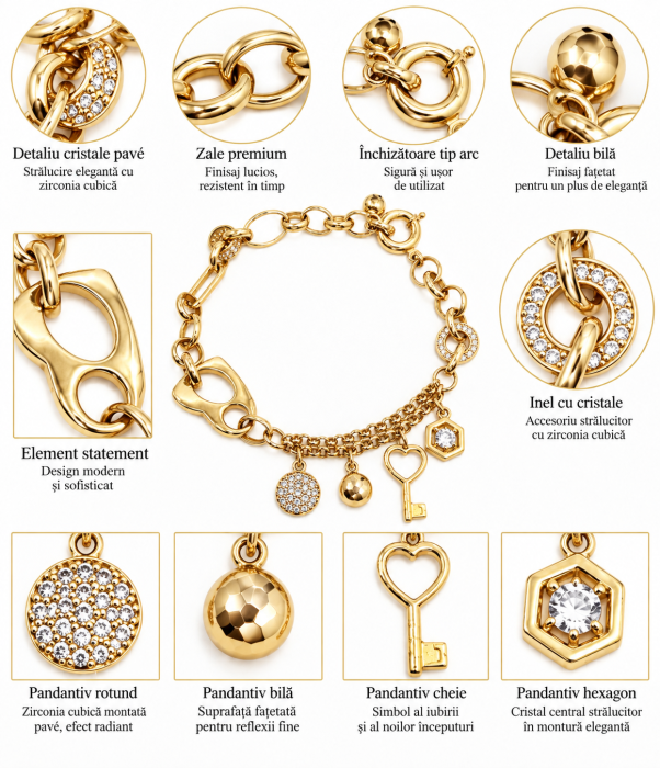 rățară din Aur 14K cu Elemente Decorative – Model Inimă și Cheie [3]
