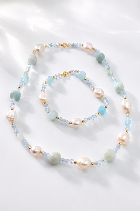 Set Colier & Brățară cu Perle Naturale și Pietre Semiprețioase – Aur 14K Handmade IraGold [2]
