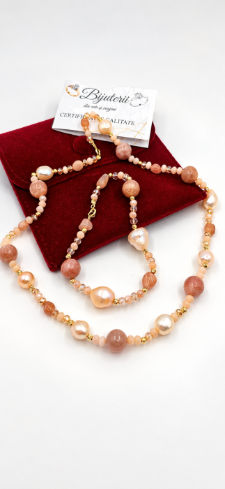 Set Colier & Brățară cu Perle Naturale și Pietre Semiprețioase Roz – Aur 14K Handmade IraGold [4]