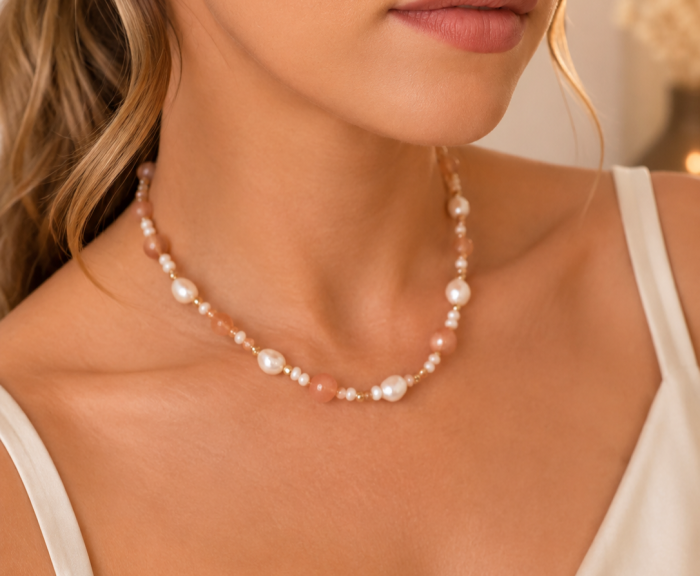 Set Colier & Brățară cu Perle Naturale și Pietre Semiprețioase Roz – Aur 14K Handmade IraGold [3]