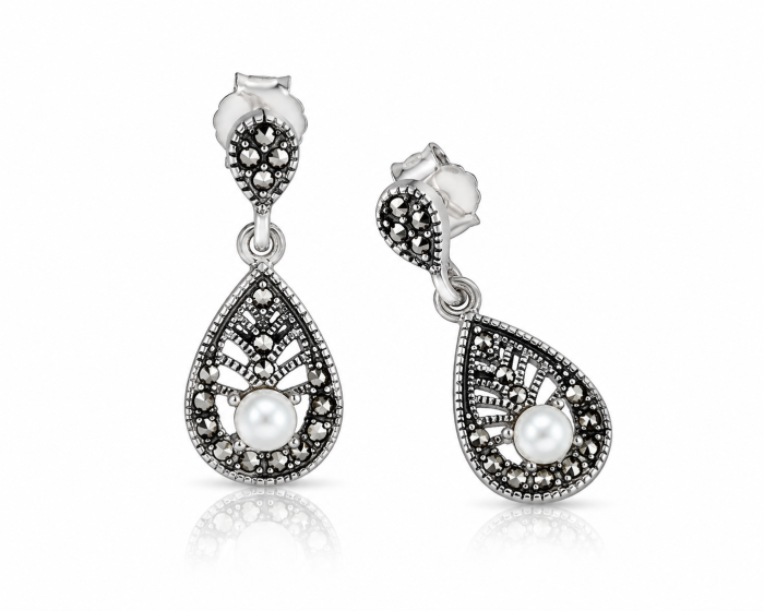 Set Elegant din Argint 925 cu Perlă și Marcasite – Inel, Cercei și Medalion [3]