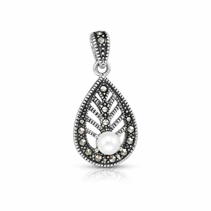 Set Elegant din Argint 925 cu Perlă și Marcasite – Inel, Cercei și Medalion [5]