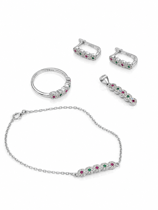 Set Elegant din Argint 925 cu Pietre Multicolore – Brățară, Inel, Medalion și Cercei [1]