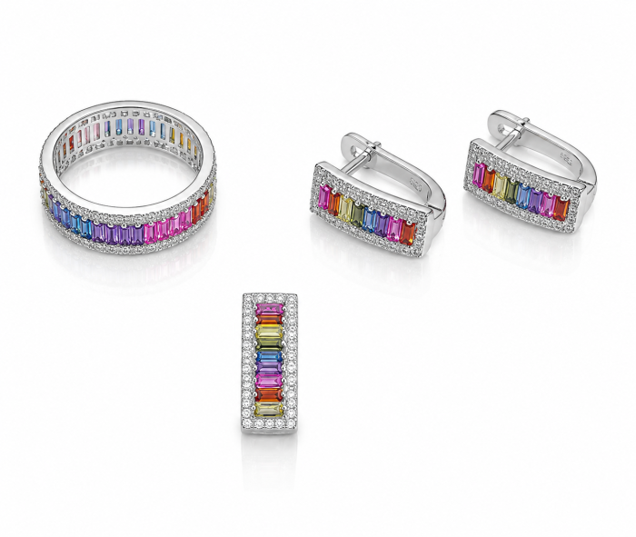 Set Modern Rainbow din Argint 925 – Medalion, Inel și Cercei cu Pietre Multicolore [1]