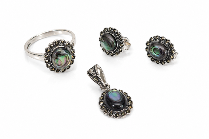 Set Vintage din Argint 925 cu Sidef Abalone și Marcasite – Medalion, Inel și Cercei [1]