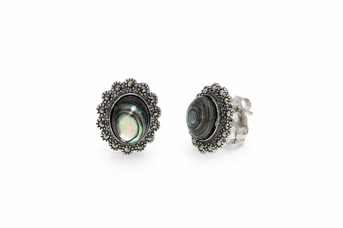 Set Vintage din Argint 925 cu Sidef Abalone și Marcasite – Medalion, Inel și Cercei [4]
