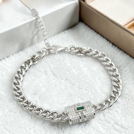 Bratari din argint - Brățară Cuban Link din argint 925 cu piatră verde Emerald Cut și zirconia
