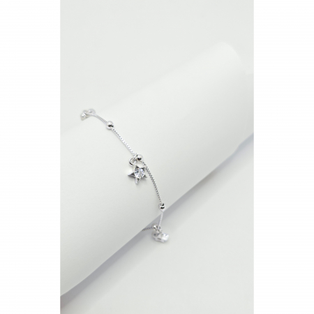Bratari din argint - Brățară din Argint 925 cu Elemente Inimă și Stele, Pietre Zirconia Transparente – 18 cm, 5,40 g