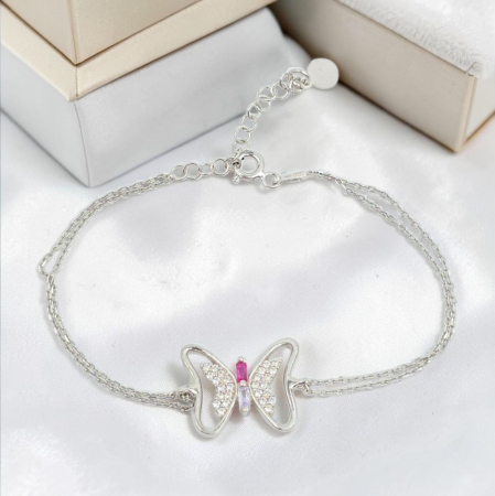 Bratari din argint - Brățară din argint 925 cu fluture și zirconia, piatră centrală roz