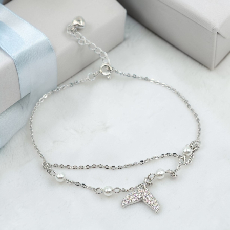 Bratari din argint - Brățară din argint 925 cu perle delicate și pandantiv sirenă – design cu două lanțuri