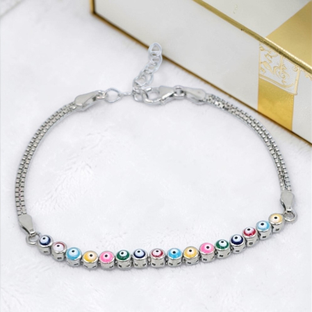 Bratari din argint - Brățară din argint 925 cu simbol ochi protector multicolor – reglabilă