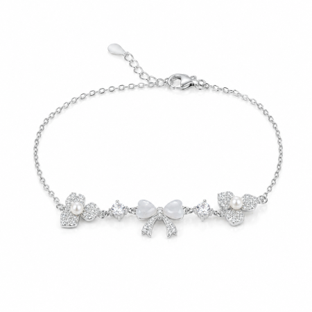 Brățări din argint 925 - Brățară din argint 925 cu zirconii și sidef – model delicat cu fundiță