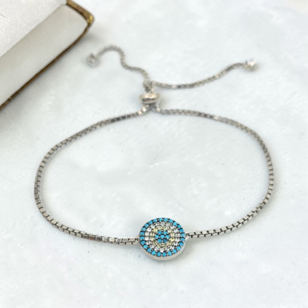 Bratari din argint - Brățară din argint reglabilă cu talisman „Ochiul Turcesc” și zirconii strălucitoare. 4,67 gr