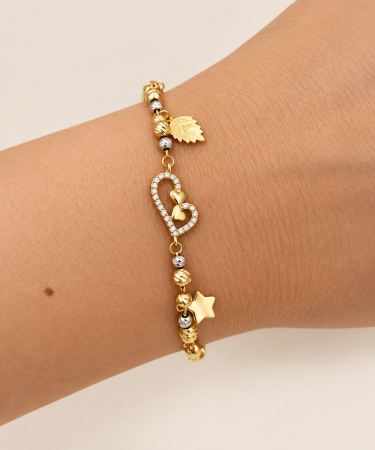 Brățară din Aur 14K cu Inimă Decorată, Bile Ornamentale și Charm-uri – Model Elegant [1]