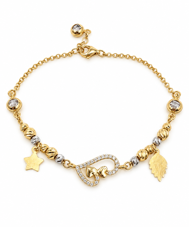 Brățări din aur 14K - Brățară din Aur 14K cu Inimă Decorată, Bile Ornamentale și Charm-uri – Model Elegant