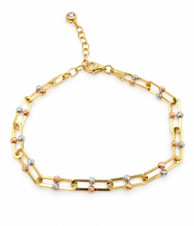 Brățări din aur 14K - Brățară din Aur 14K Tricolor cu Lanț Tip Paperclip și Biluțe Decorative