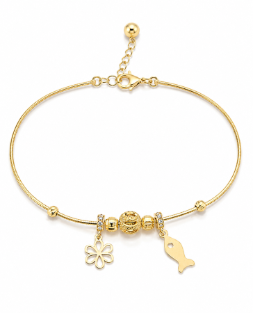Bratari din aur - Brățară din aur galben 14K cu charmuri floare și peștișor – reglabilă 17–20 cm