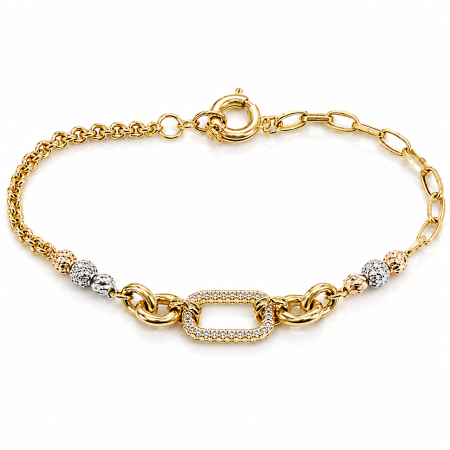 Brățări din aur 14K - Brățară Elegantă din Aur Galben 14K cu Element Central Decorat și Detalii Tricolore