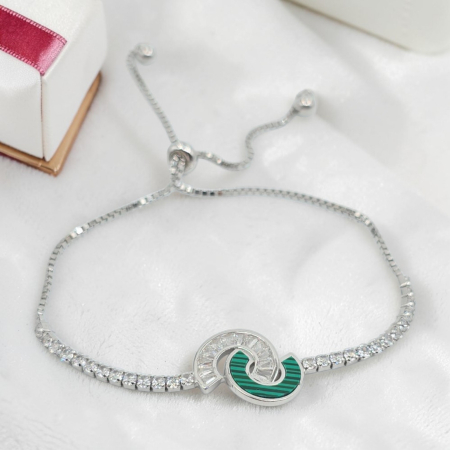 Bratari din argint - Brățară reglabilă din argint 925 cu malachit și zirconii – design elegant