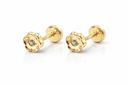 Bijuterii din aur - Cercei copii din aur 14K – Floricică cu cristal, închidere filet (0+)