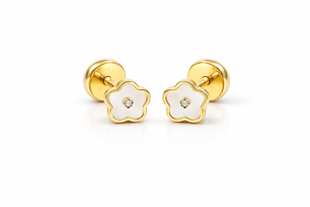 Bijuterii din aur - Cercei copii din aur 14K – Floare albă cu piatră, închidere filet (0+), 0.8 cm