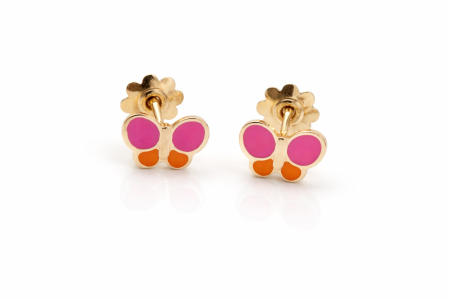 Bijuterii din aur - Cercei copii din aur 14K – Fluturași colorați, închidere filet, 0.7 cm
